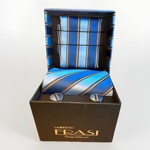UMBERTO FRASI Tie Cufflinks Pocket Square Gift Box Yellow Blue Striped NIB